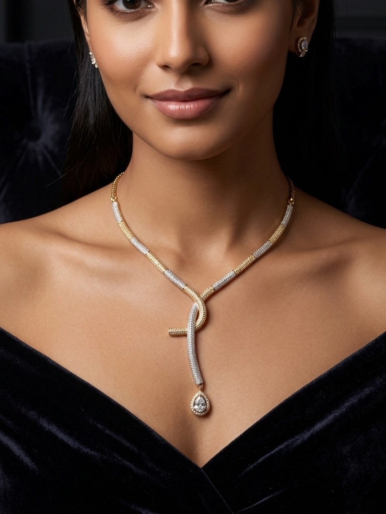 Two-Tone Gold & Silver Knot Lariat Necklace With Teardrop Pendant
